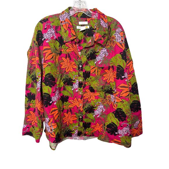 C&C California Linen Shirt 1X Tropical Leopard Print Button Down Boho Vacation - Picture 1 of 10